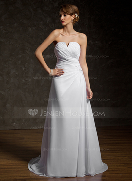 A-Line/Princess V-neck Chapel Train Chiffon Wedding Dress With Ruffle Lace Beadwork (002011408)