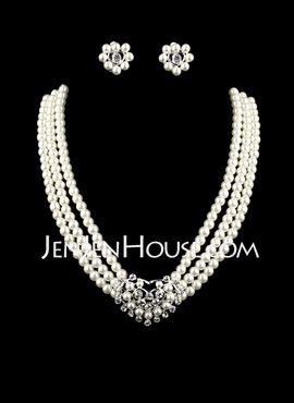Ivory Pearl Two Piece Mini Heart Ladies Necklace and Earrings Jewelry Set (011005554)