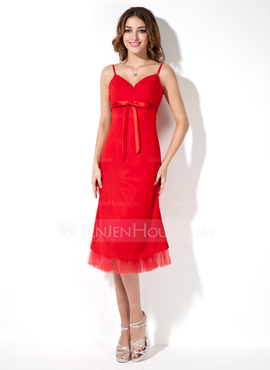 Empire Sweetheart Tea-Length Chiffon Satin Tulle Bridesmaid Dress With Ruffle Sash (007021073)