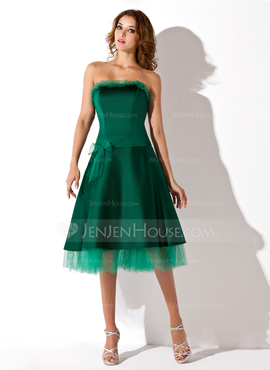 Vestidos princesa/ Formato A Sem alça Comprimento de chá Cetim Tule Vestido de boas vindas (022021009)