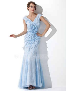 Havfrue V-hals Gulv lengde Chiffon Palliet-belagt Ballkjole med Profilering Blomst(er) (018024292)