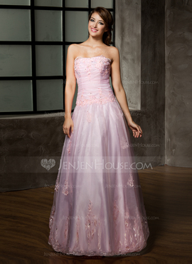 A-Line/Princess Strapless Floor-Length Organza Quinceanera Dress With Ruffle Lace Beading (021002858)