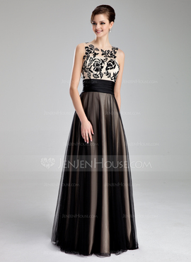 A-Line/Princess Scoop Neck Floor-Length Tulle Prom Dress With Ruffle Lace (018019083)