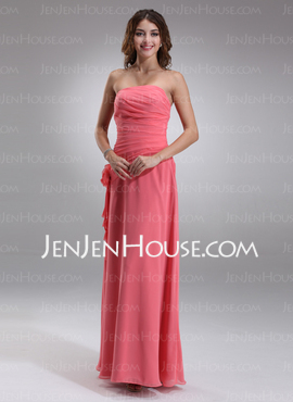 Tubo Sem alça Vestidos longo Chifon Vestido de madrinha com Pregueado fecho de correr (007001081)