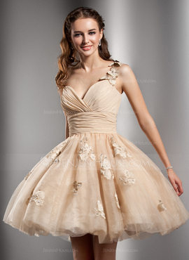 A-Line/Princess One-Shoulder Knee-Length Chiffon Tulle Homecoming Dress With Ruffle Beading Flower(s) (022020672)