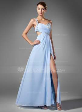 Blue Shoulder Dress on Line Princess One Shoulder Floor Length Chiffon Prom Dress With