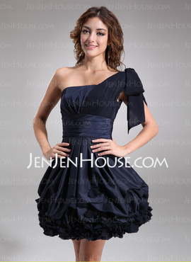 A-Line/Princess One-Shoulder Knee-Length Chiffon Taffeta Cocktail Dress With Ruffle (016008242)