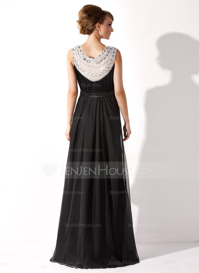 A-Line/Princess Scoop Neck Floor-Length Chiffon Tulle Evening Dress With Ruffle Beading (017020923)