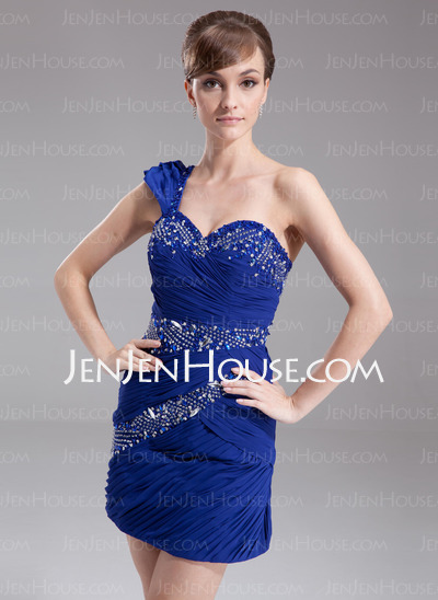 Sheath One-Shoulder Short/Mini Chiffon Cocktail Dress With Ruffle Beading (016008325)