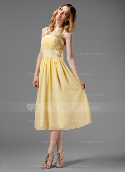 Vestidos princesa/ Formato A Frente única Comprimento de chá Chifon Charmeuse Vestido de madrinha com Pregueado (007000956)