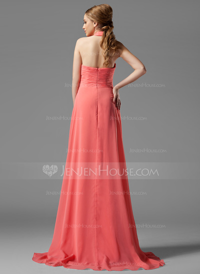 A-Line/Princess Halter Sweep Train Chiffon Bridesmaid Dress With Ruffle Flower(s) (007004138)