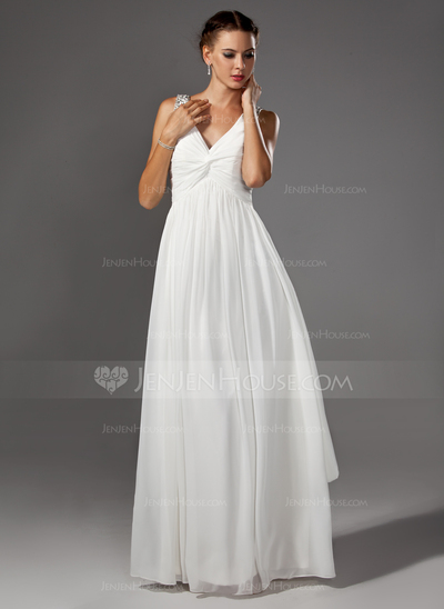 A-Line/Princess V-neck Floor-Length Chiffon Wedding Dress With Ruffle Beadwork (002005176)