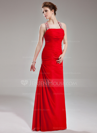 Tubo Frente única Vestidos longo Chifon Vestido de festa com Pregueado Beading Sequins (017002264)