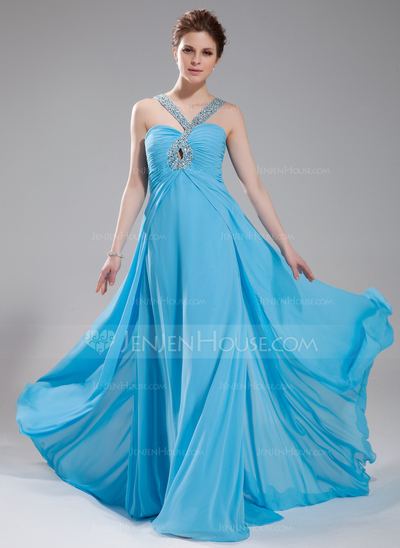 Empire V-neck Sweep Train Chiffon Evening Dress With Ruffle Beading (017004349)