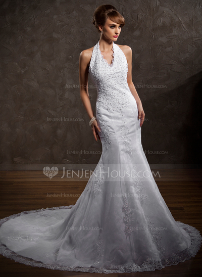 Vestidos princesa/ Formato A Frente única Cauda capela cetim Tule Vestido de noiva com Renda Bordado (002000297)