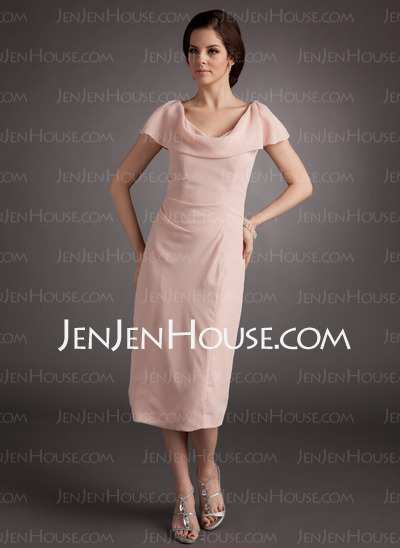 Sheath Cowl Neck Tea-Length Chiffon Mother of the Bride Dress With Ruffle (008005704)