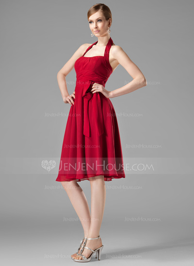 A-Line/Principessa Anello Al ginocchio Chiffon Abito da damigella con Increspature (007001816)