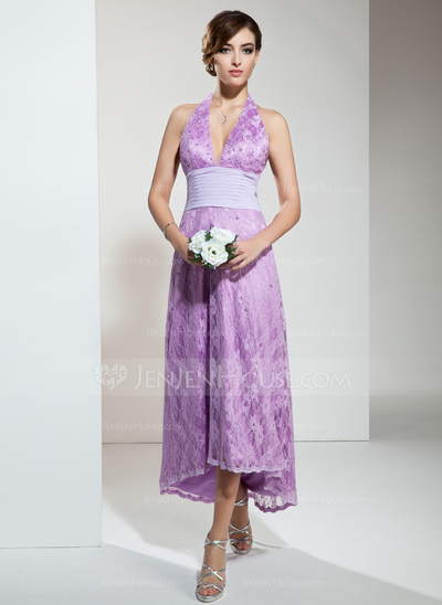 A-Line/Princess Halter Asymmetrical Chiffon Lace Bridesmaid Dress With Ruffle Beading (007001135)