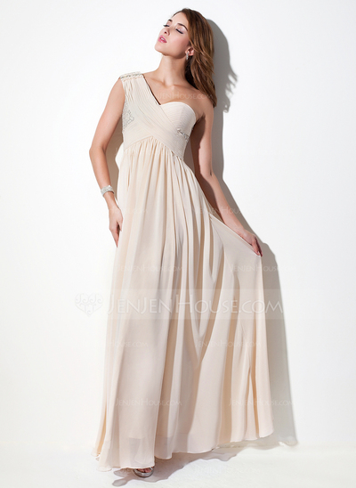 A-Line/Princess One-Shoulder Floor-Length Chiffon Lace Holiday Dress With Ruffle Beading (020016076)