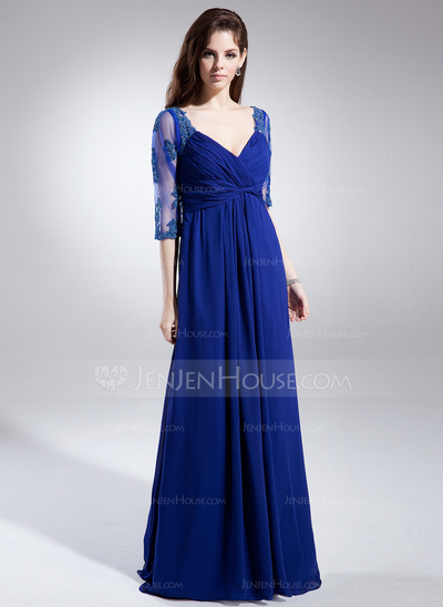 A-Line/Princess V-neck Floor-Length Chiffon Tulle Mother of the Bride Dress With Ruffle Lace Beading (008006046)