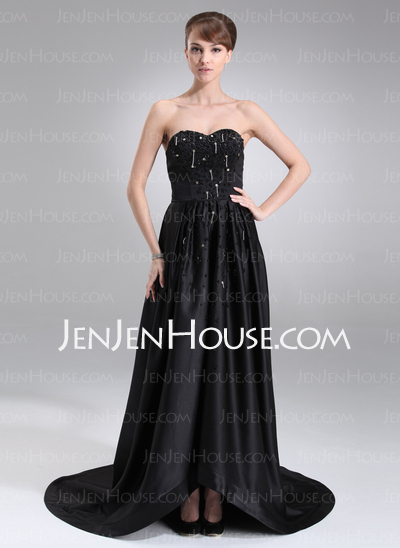 A-Line/Princess Sweetheart Court Train Satin Evening Dress With Beading (017020656)