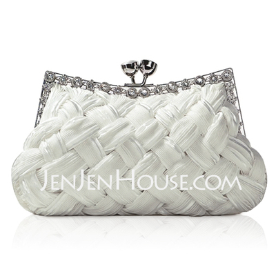 Ivory Gorgeous Backfin Satin Shell With Rhinestone Evening Bag Handbag Purse Clutch (012005564)