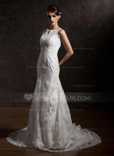 Mermaid Scoop Neck Chapel Train Satin Lace Wedding Dress With Lace Beadwork (002004770)
