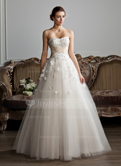 Ball-Gown Sweetheart Floor-Length Satin Tulle Wedding Dress With Ruffle Sashes Beadwork Appliques Flower(s) (002013803)