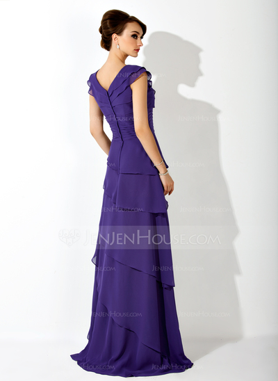 Vestidos princesa/ Formato A Decote V Cauda vassoura Chiffon Vestido de festa com Pregueado (017020663)