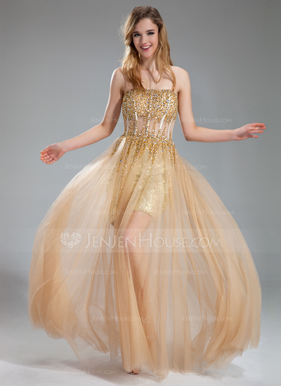 A-Line/Princess Sweetheart Floor-Length Tulle Sequined Prom Dress With Beading (018018902)