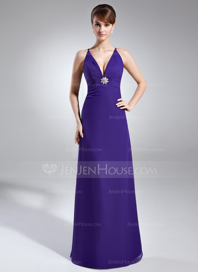 Sheath V-neck Floor-Length Chiffon Holiday Dress With Ruffle Crystal Brooch (020003308)