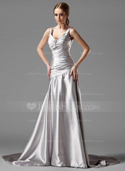A-Line/Princess V-neck Court Train Charmeuse Evening Dress With Ruffle Crystal Brooch (017004173)