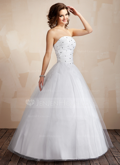Ball-Gown Strapless Floor-Length Taffeta Tulle Wedding Dress With Ruffle Beadwork (002000041)