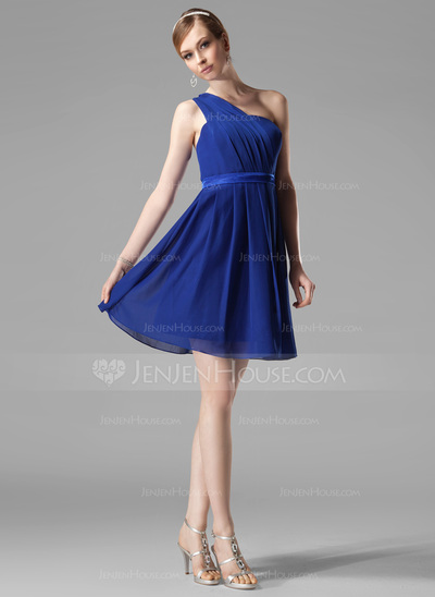 A-Line/Princess One-Shoulder Short/Mini Chiffon Charmeuse Bridesmaid Dress With Ruffle (007000777)
