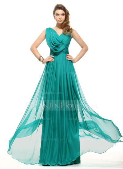 A-Line/Princess V-neck Floor-Length Chiffon Holiday Dress With Ruffle Beading (020016061)
