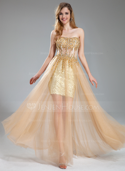A-Line/Princess Sweetheart Floor-Length Tulle Sequined Prom Dress With Beading (018018902)
