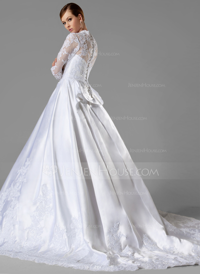 Ball-Gown V-neck Chapel Train Satin Wedding Dress With Ruffle Lace (002004745)
