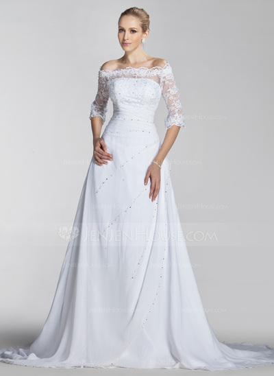 A-Line/Princess Off-the-Shoulder Court Train Chiffon Lace Wedding Dress With Beadwork Sequins (002004524)
