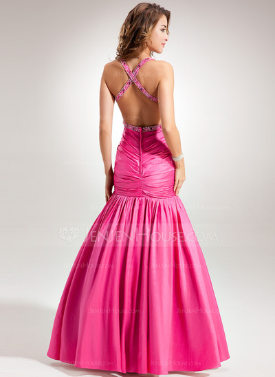 Mermaid Halter Floor-Length Taffeta Prom Dress With Ruffle Beading (018002521)