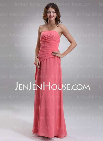 Tubo Sem alça Vestidos longo Chifon Vestido de madrinha com Pregueado fecho de correr (007001081)