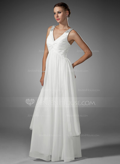 A-Line/Princess V-neck Floor-Length Chiffon Wedding Dress With Ruffle Beadwork (002005176)