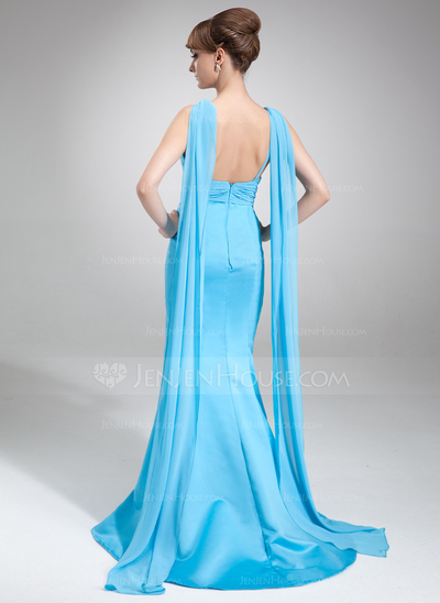 Stile sirena Scollatura a V Coda a strascico Watteau Chiffon raso Abito da damigella con Increspature (007004266)
