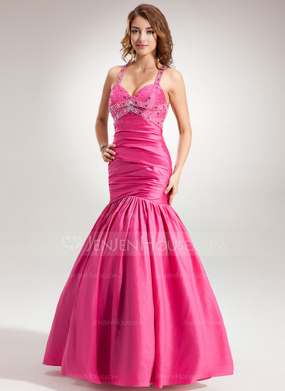 Mermaid Halter Floor-Length Taffeta Prom Dress With Ruffle Beading (018002521)