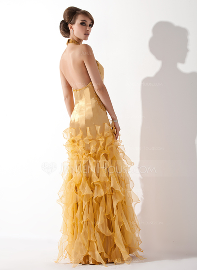 Mermaid Halter Floor-Length Organza Charmeuse Prom Dress With Ruffle Beading (018005067)