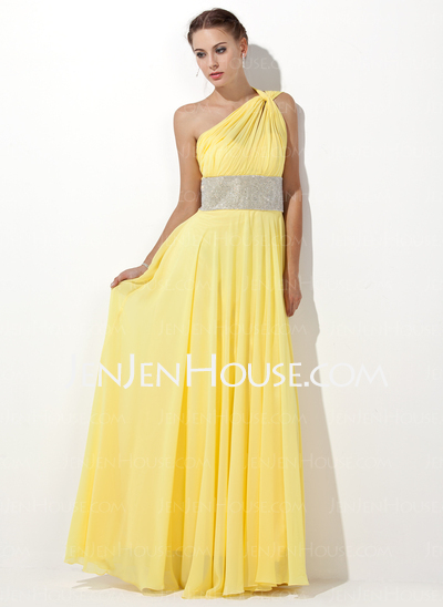 Impero Monospalla Al pavimento Chiffon Abiti feste con Increspature Perline (018020583)