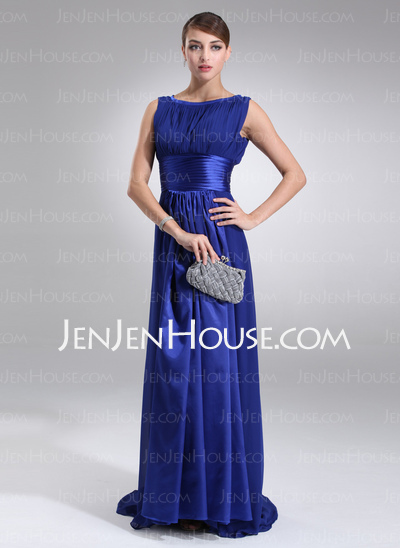 A-Line/Princess Scoop Neck Sweep Train Chiffon Charmeuse Evening Dress With Ruffle (017022545)