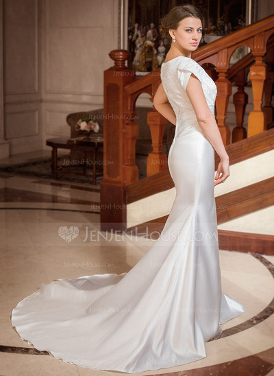 Mermaid Square Neckline Chapel Train Satin Wedding Dress With Ruffle Lace Beadwork (002001668)