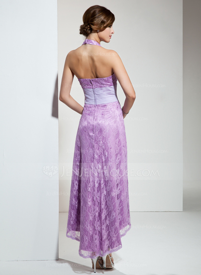 A-Line/Princess Halter Asymmetrical Chiffon Lace Bridesmaid Dress With Ruffle Beading (007001135)