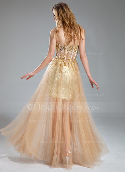 A-Line/Princess Sweetheart Floor-Length Tulle Sequined Prom Dress With Beading (018018902)