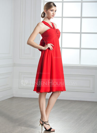 Império Decote V Na altura do joelho Chiffon Vestido de cocktail com Pregueado (016002435)